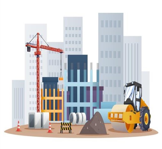 construction-site-concept-with-compactor-and-material-equipment-illustration-vector